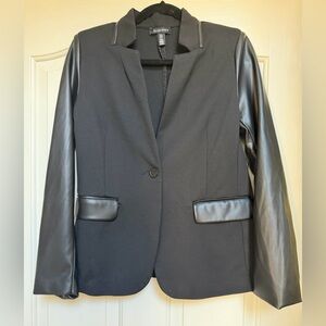 Ellen Tracy Faux Leather Trim Ponte Mixed Media Women’s Blazer Black Size Small